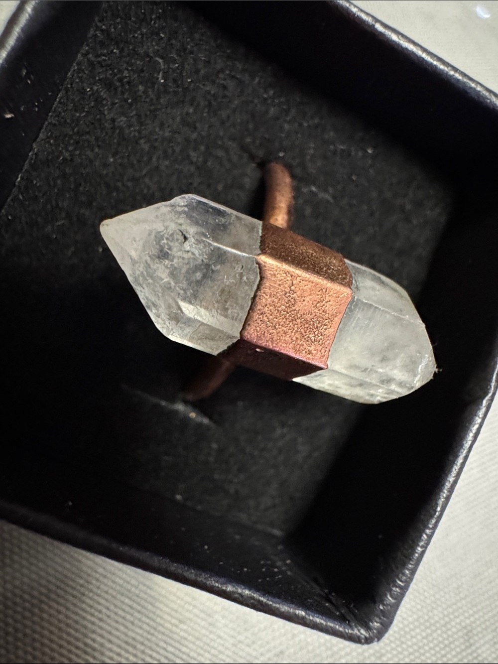 Natural Clear Quartz Double Terminating Point Ring with Copper Accent